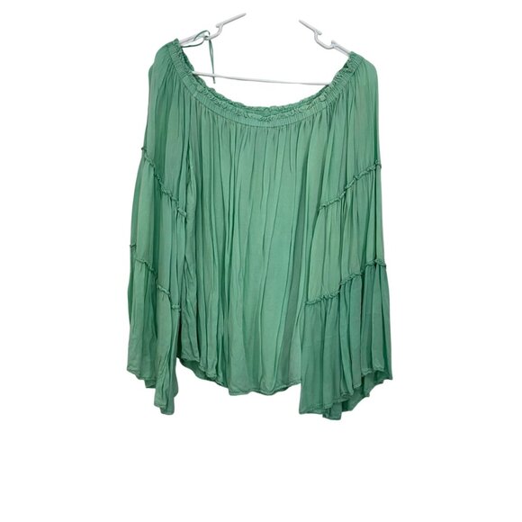 Umgee Womens Mint Green Off-Shoulder Boho Top Blouse Tiered Bell Sleeves Size M - Picture 11 of 12